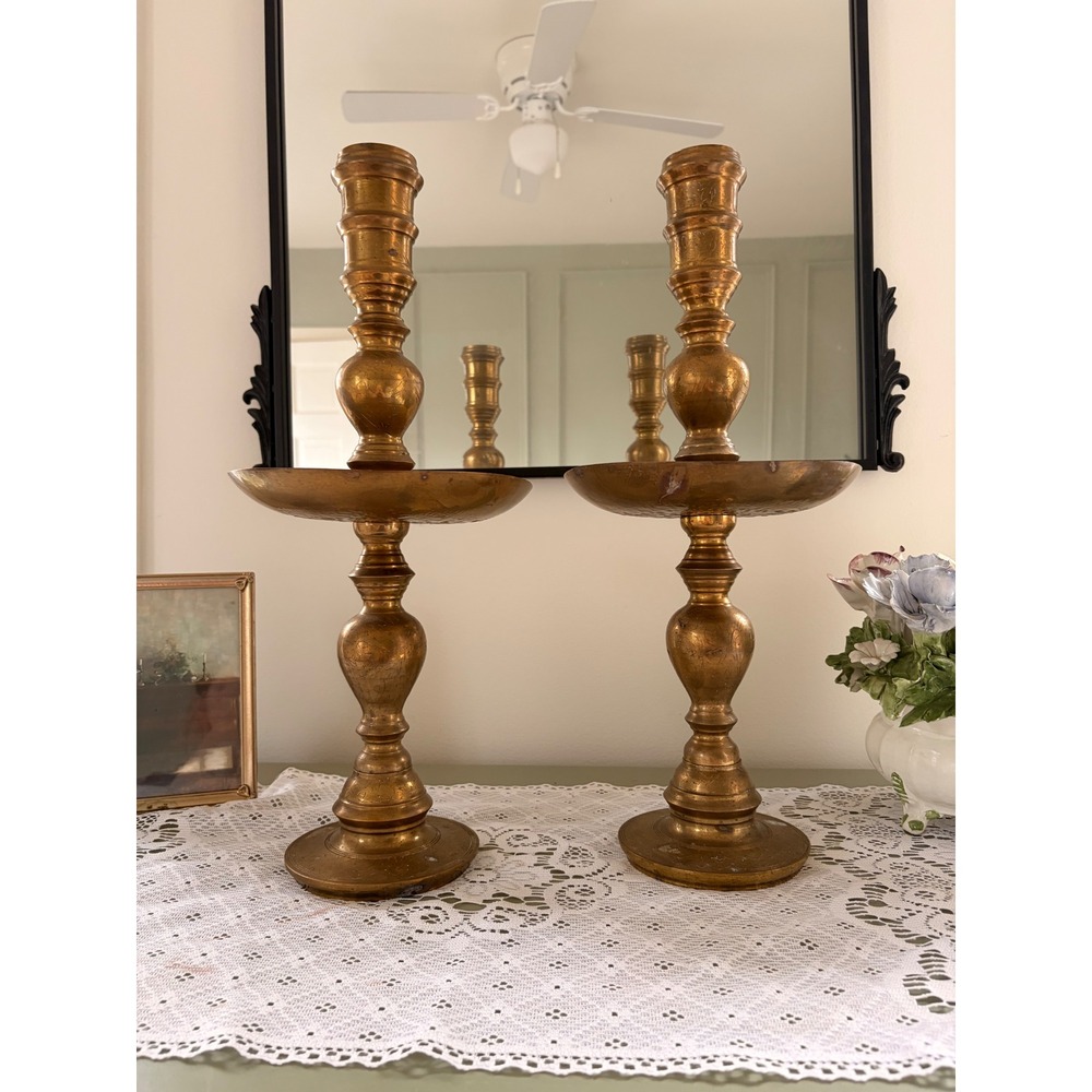 Pair of Vintage Brass Floor Candlesticks | Tall Ornate Candle Holders